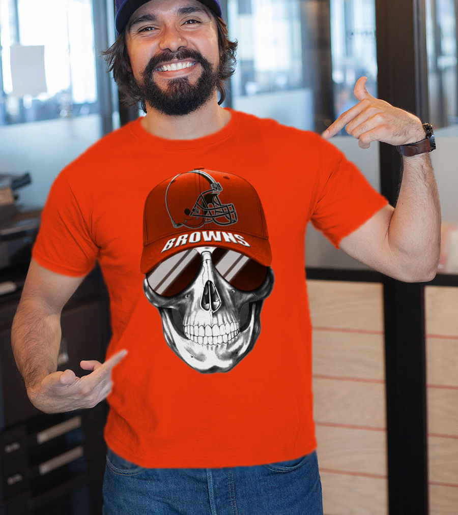 Cleveland Browns Skull Hat With Football Helmet Icon On Bright Orange T-Shirt