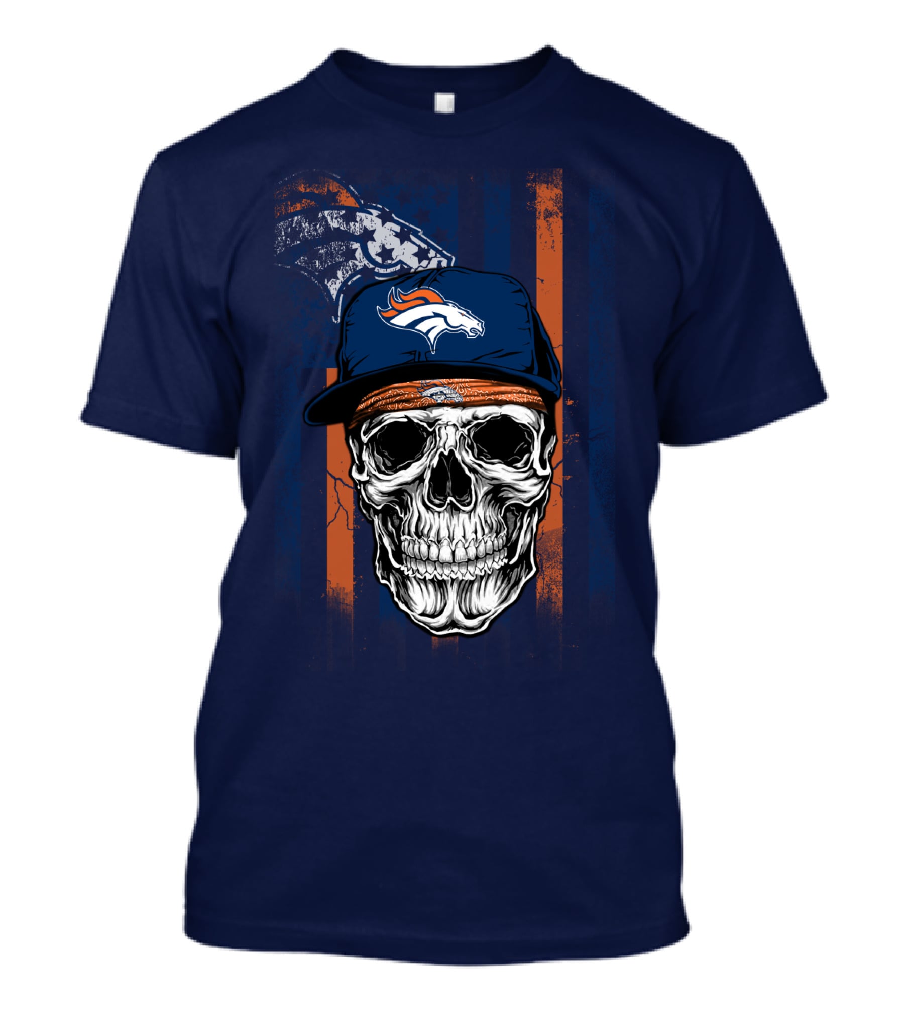 Denver Broncos Skull With Cap And Logo На Тёмно-Синем Фоне T-Shirt