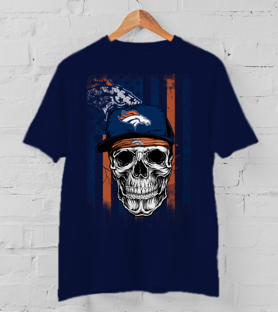 Denver Broncos Skull With Cap And Logo На Тёмно-Синем Фоне T-Shirt