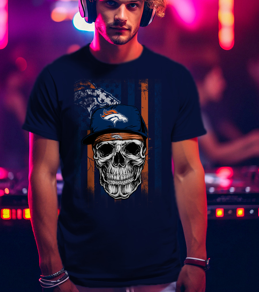 Denver Broncos Skull With Cap And Logo На Тёмно-Синем Фоне T-Shirt