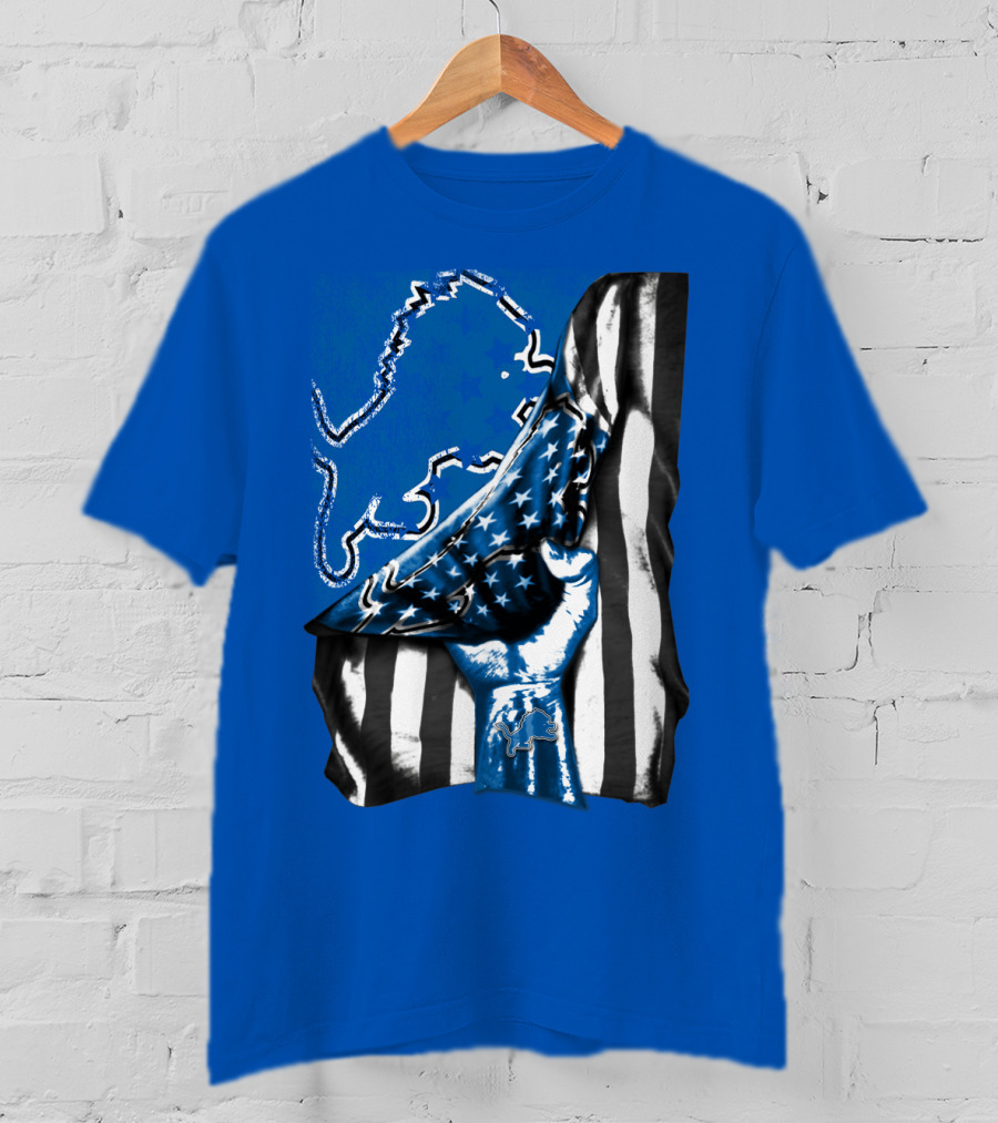 Detroit Lions Blue Lion Silhouette With American Flag Fist On Blue T-Shirt