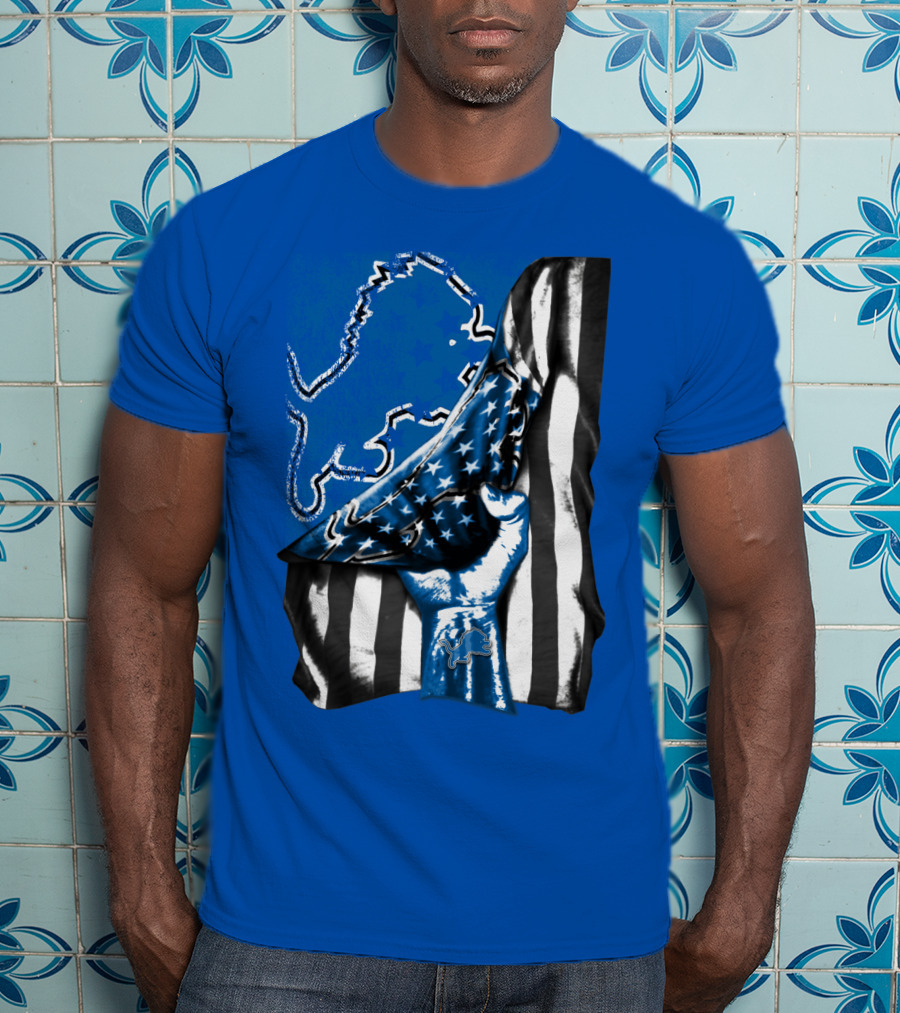 Detroit Lions Blue Lion Silhouette With American Flag Fist On Blue T-Shirt
