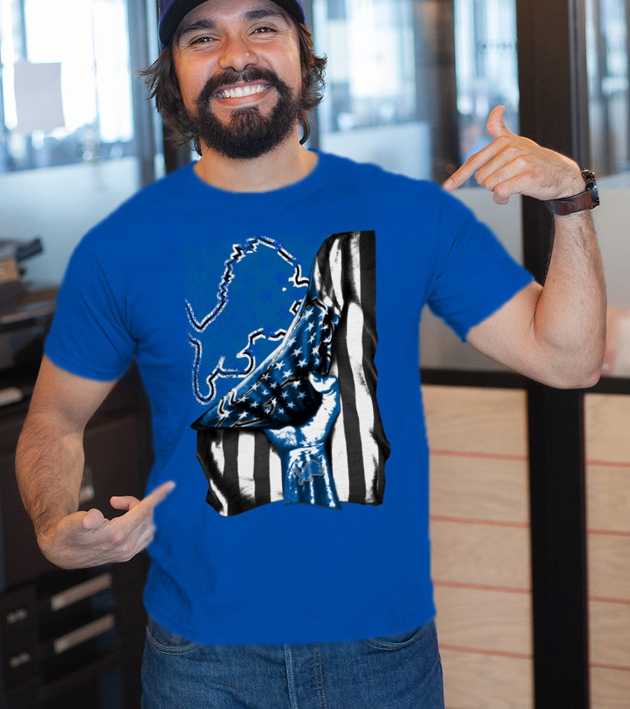 Detroit Lions Blue Lion Silhouette With American Flag Fist On Blue T-Shirt