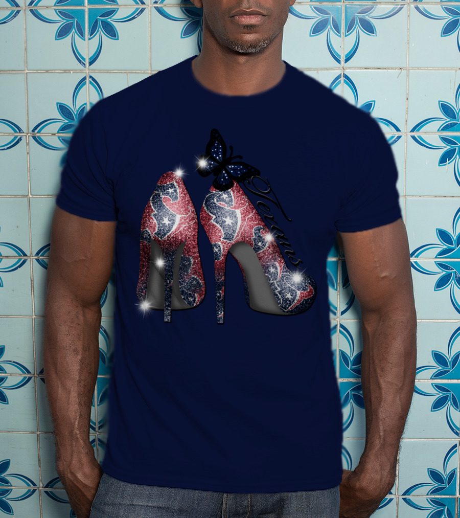 Texans High Heels With Butterfly Sparkle On Blue T-Shirt
