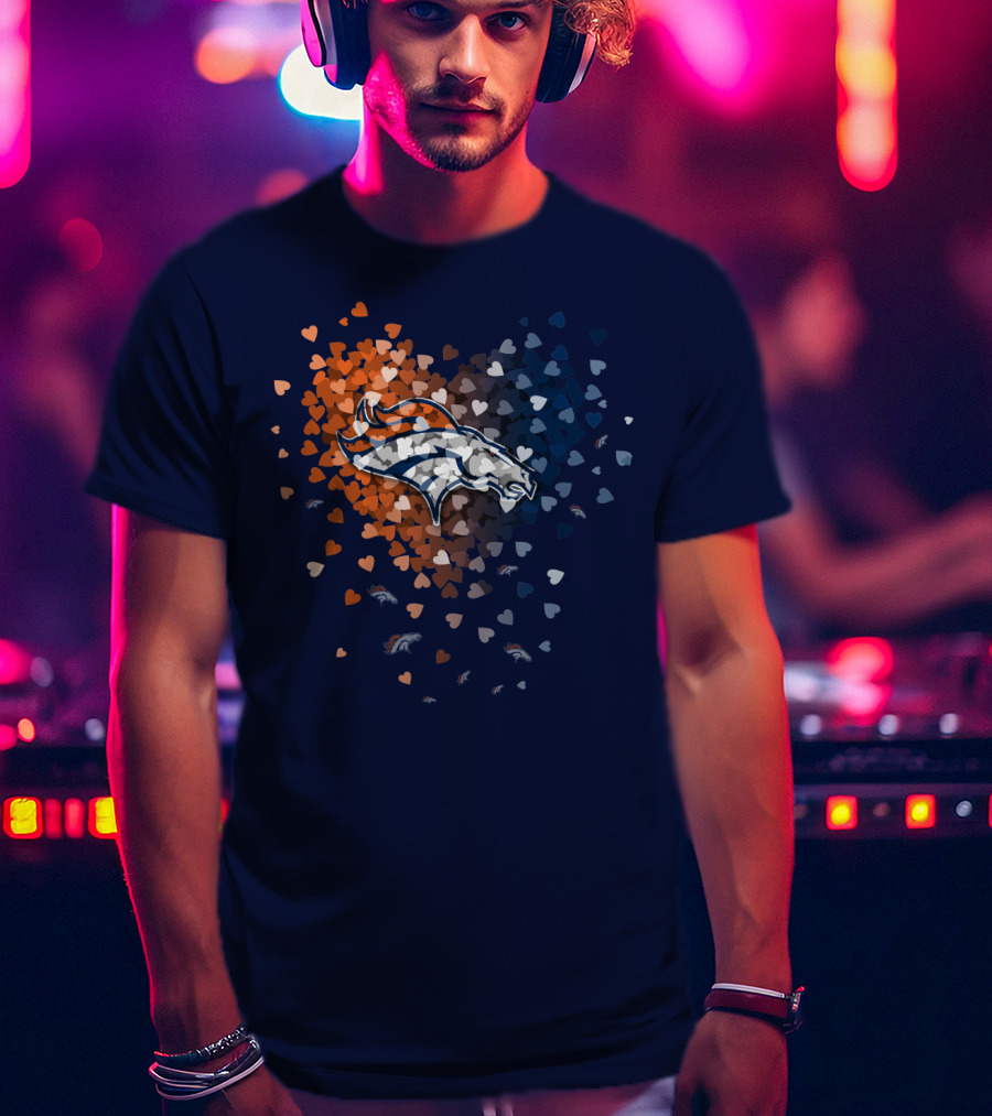 Denver Broncos Heart Logo With Orange And Blue Hearts T-Shirt