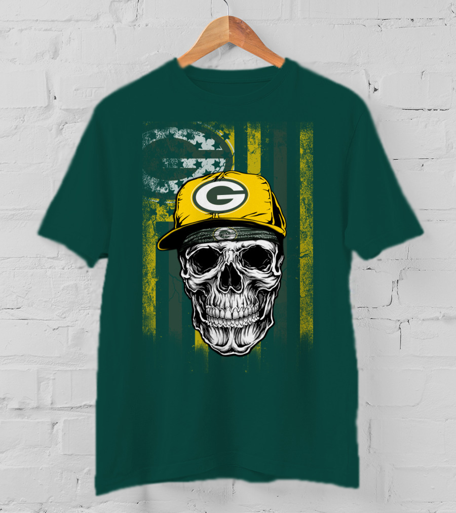 Green Bay Packers Skull With Cap And Distressed Flag T-Shirt