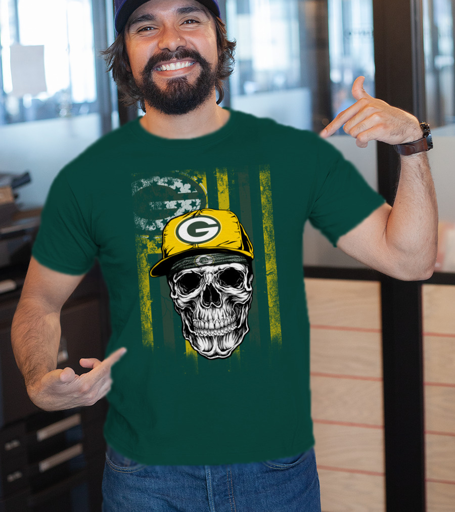 Green Bay Packers Skull With Cap And Distressed Flag T-Shirt