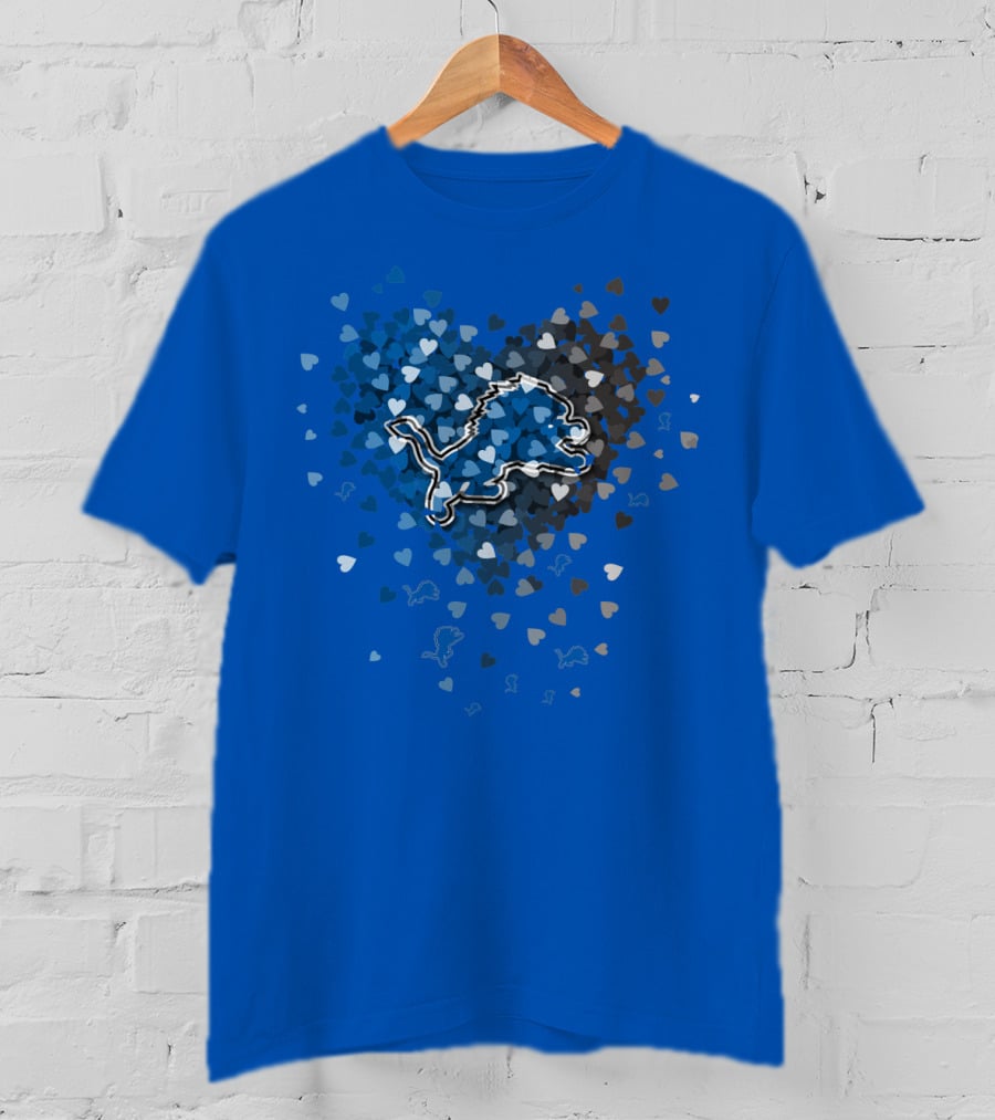 Detroit Lions Heart Shape Blue And White Logo With Hearts T-Shirt