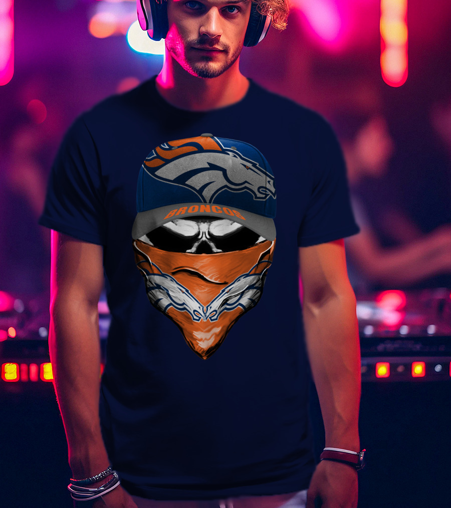 Denver Broncos Football Fan Skull Bandana Hat T-Shirt