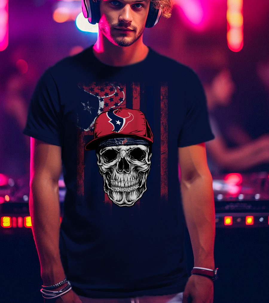 Houston Texans Skull Flag Stars Cap T-Shirt
