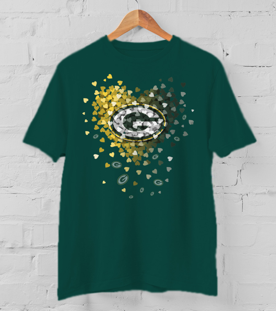 Green Bay Packers Heart Logo With Golden Hearts And Green T-Shirt