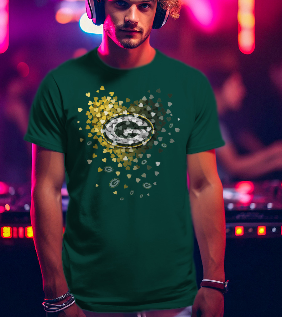 Green Bay Packers Heart Logo With Golden Hearts And Green T-Shirt