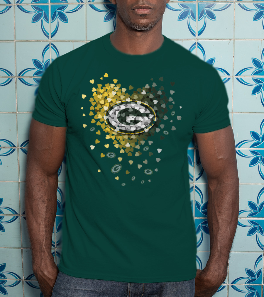 Green Bay Packers Heart Logo With Golden Hearts And Green T-Shirt