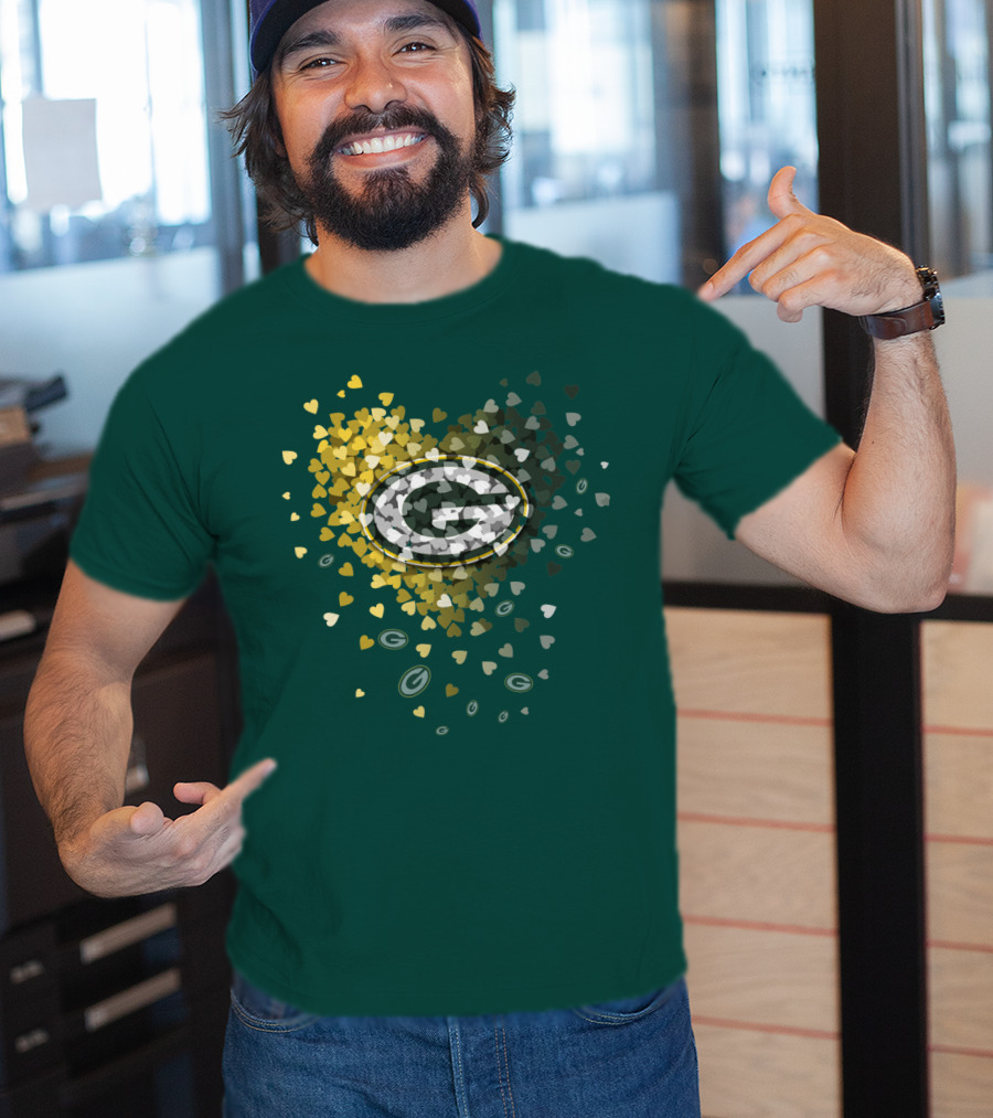 Green Bay Packers Heart Logo With Golden Hearts And Green T-Shirt