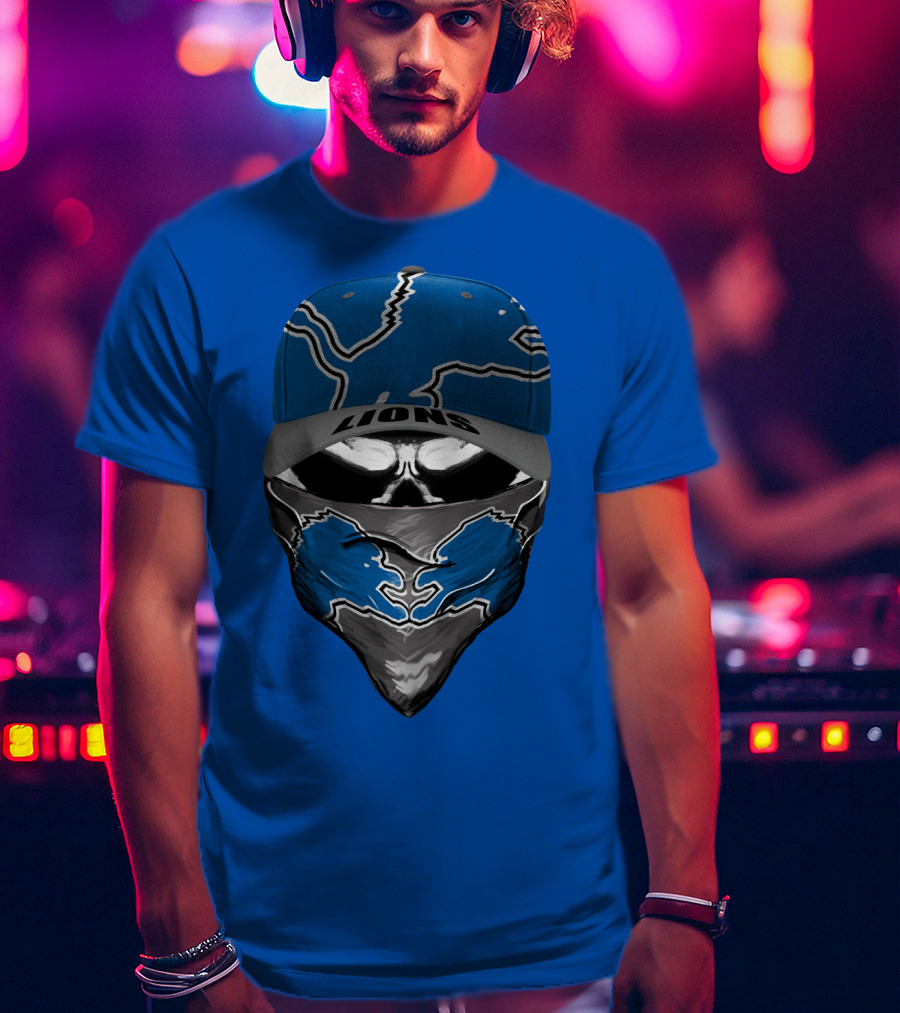 Detroit Lions Skull Bandana And Cap With Team T-Shirt