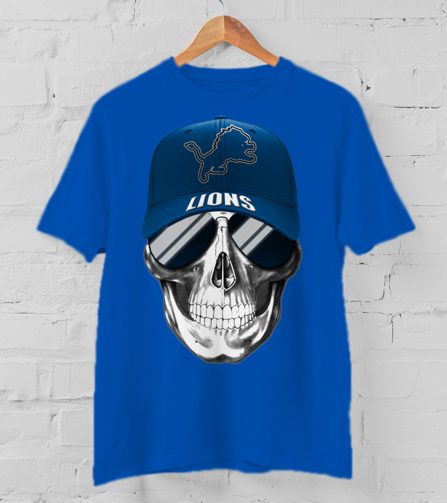 Detroit Lions Skull With Blue Cap And Sunglasses T-Shirt