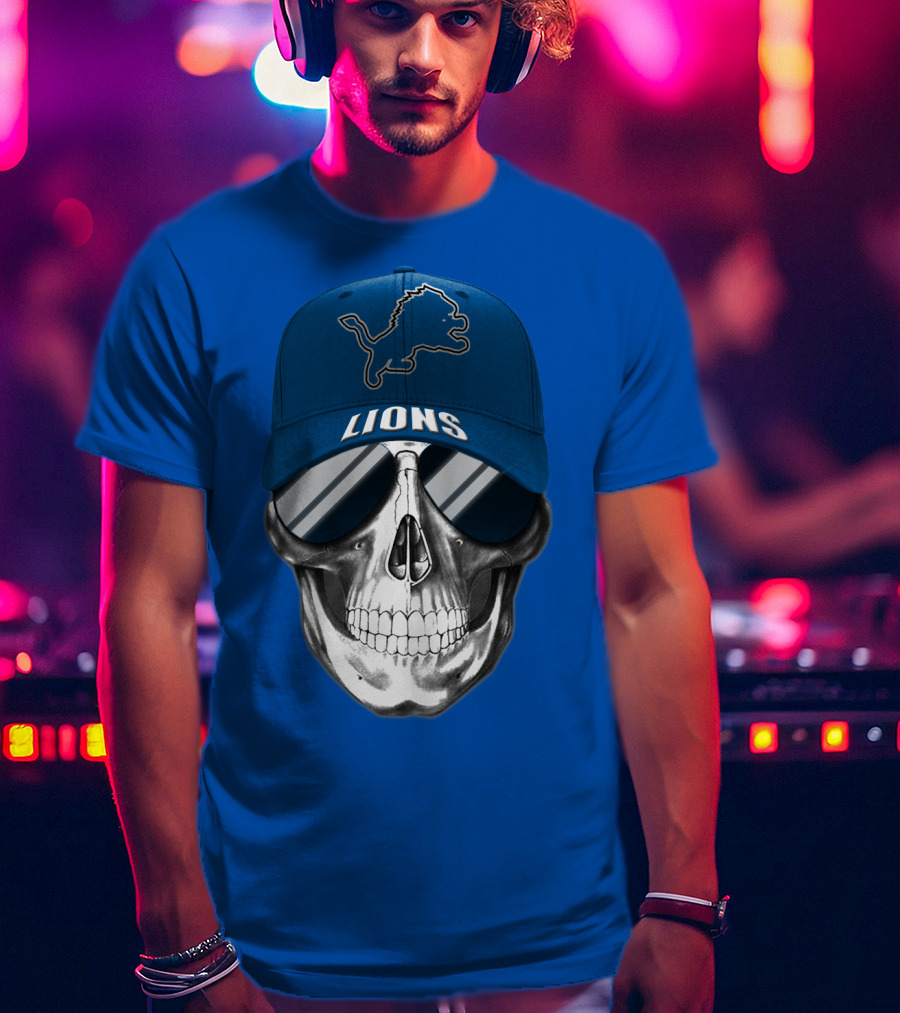 Detroit Lions Skull With Blue Cap And Sunglasses T-Shirt