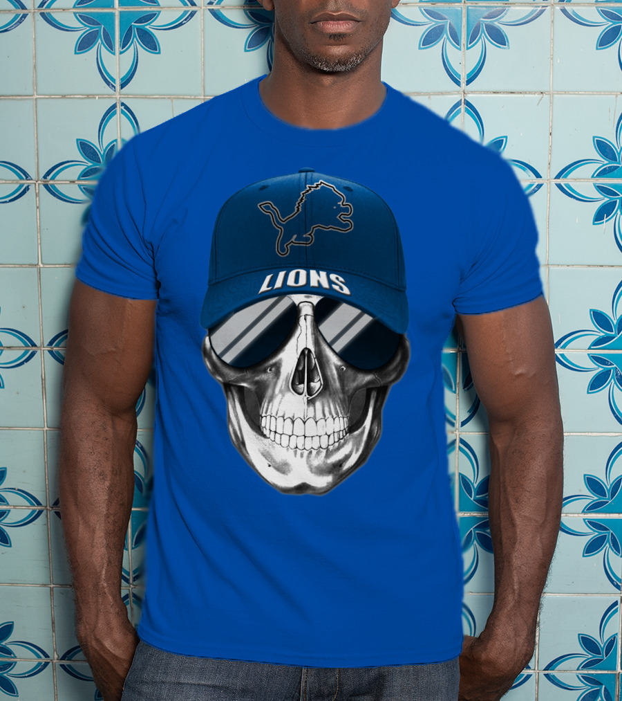 Detroit Lions Skull With Blue Cap And Sunglasses T-Shirt