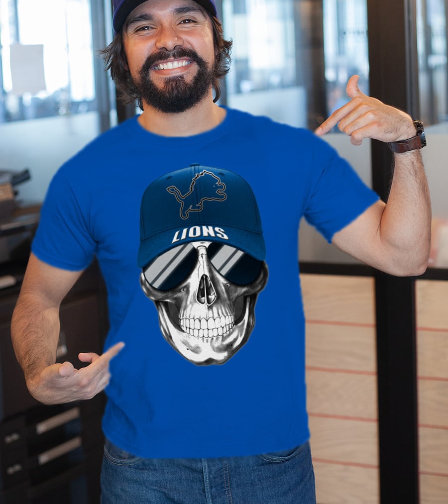 Detroit Lions Skull With Blue Cap And Sunglasses T-Shirt