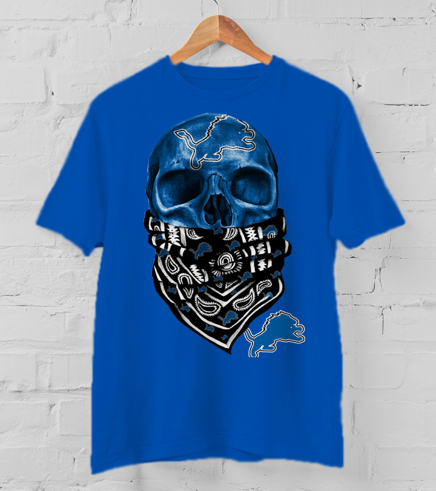 Detroit Lions Blue Skull Bandana Icon With Nfl Team T-Shirt