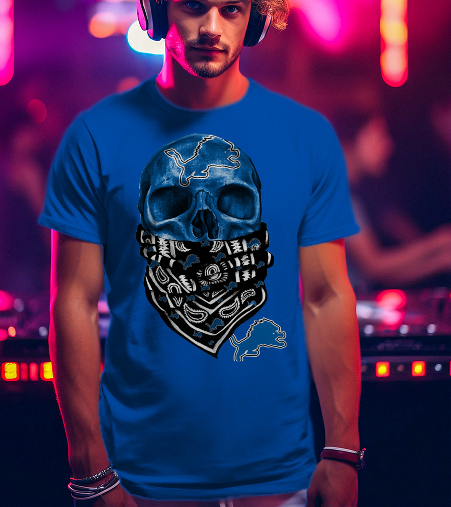 Detroit Lions Blue Skull Bandana Icon With Nfl Team T-Shirt