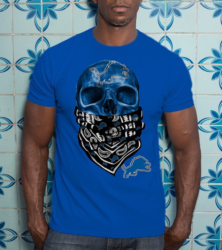 Detroit Lions Blue Skull Bandana Icon With Nfl Team T-Shirt