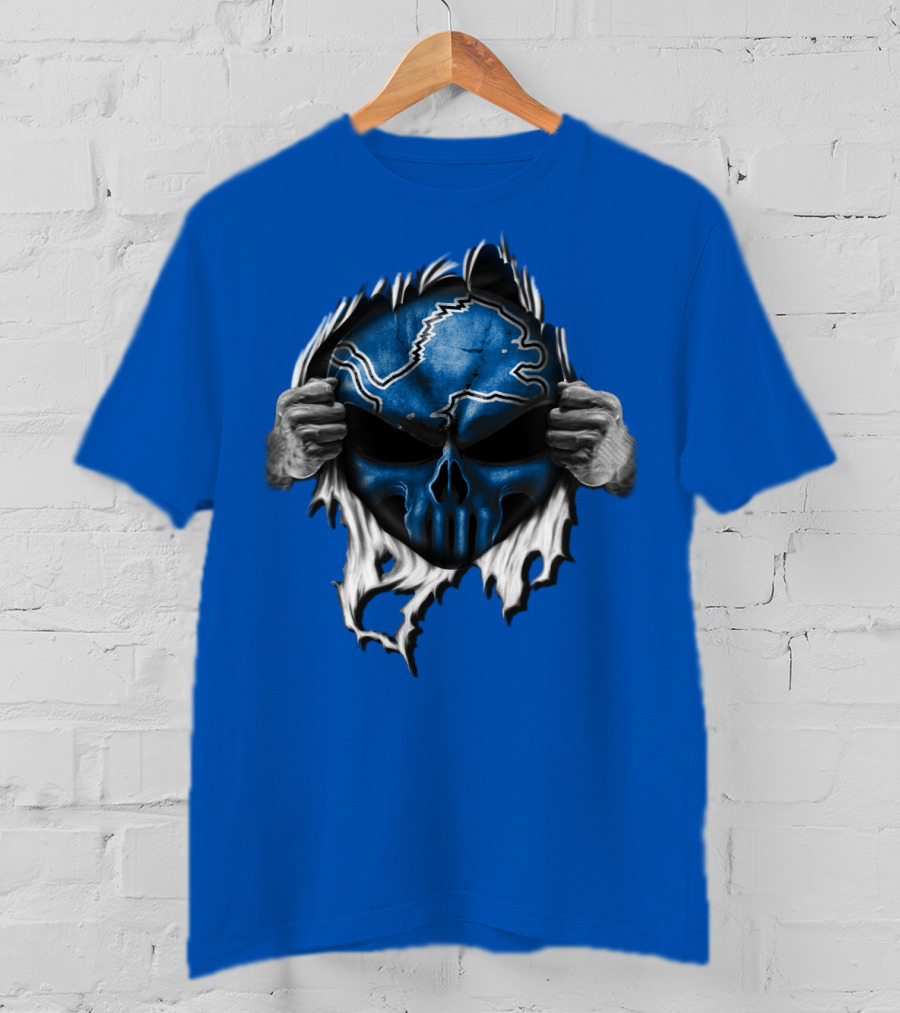 Detroit Lions Skull Design Blue Ripped Background T-Shirt