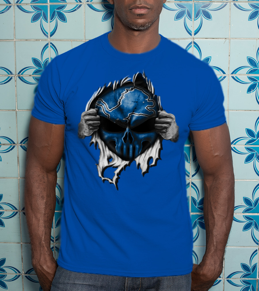 Detroit Lions Skull Design Blue Ripped Background T-Shirt