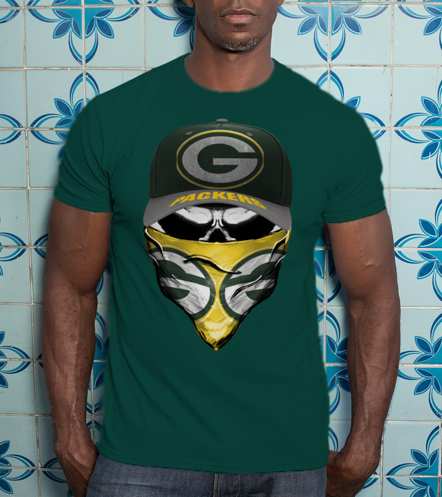 Green Bay Packers G Cap And Bandana Face Skull T-Shirt