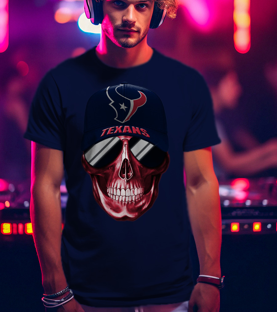 Houston Texans Skull With Cap And Sunglasses T-Shirt