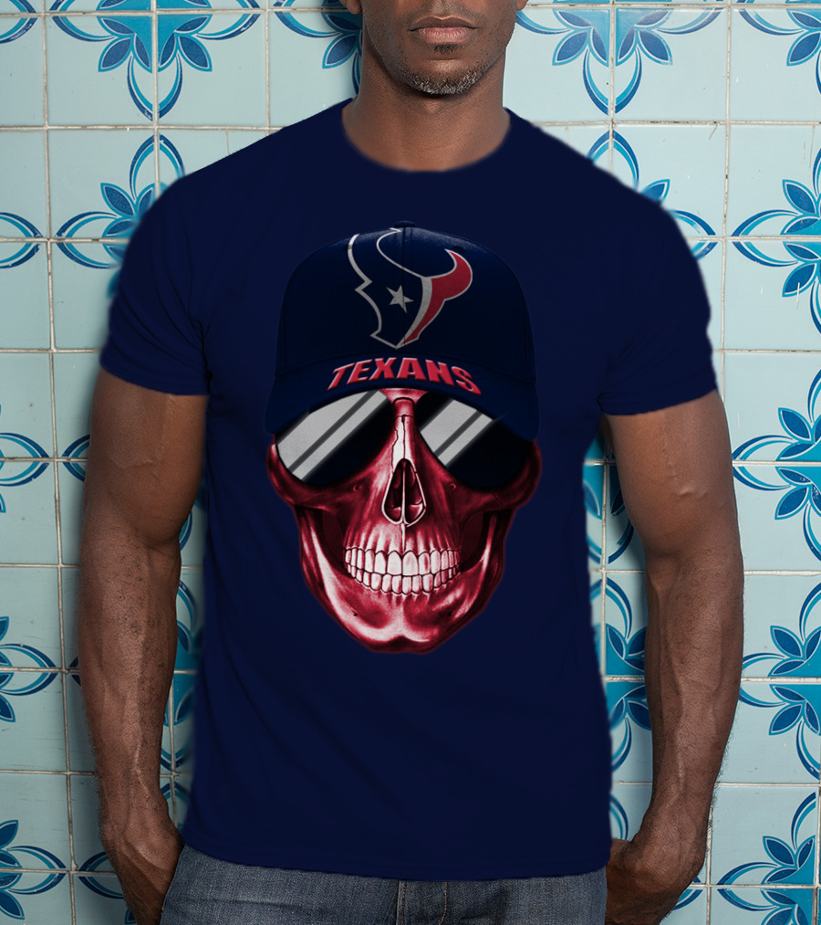 Houston Texans Skull With Cap And Sunglasses T-Shirt
