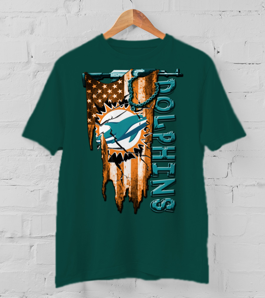 Miami Dolphins Flag And Logo Style With Stars And Stripes T-Shirt