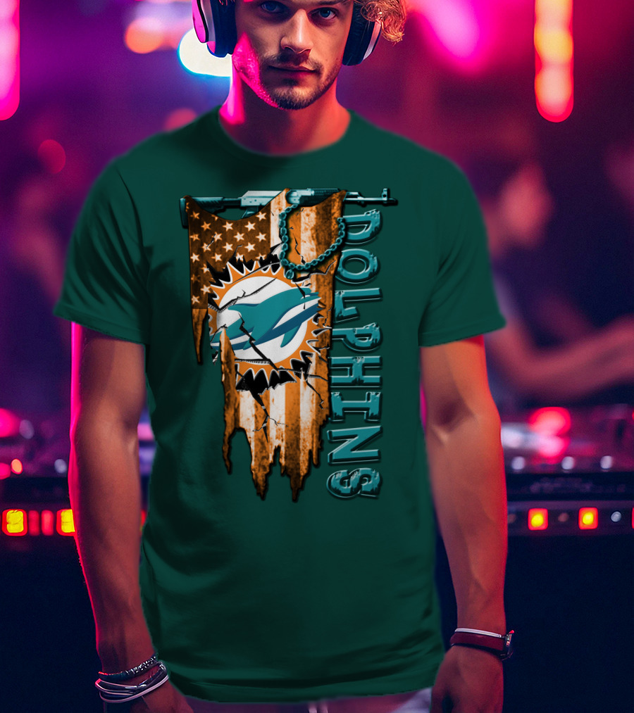 Miami Dolphins Flag And Logo Style With Stars And Stripes T-Shirt