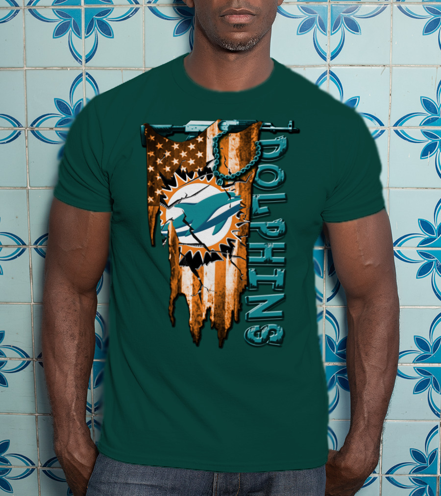 Miami Dolphins Flag And Logo Style With Stars And Stripes T-Shirt