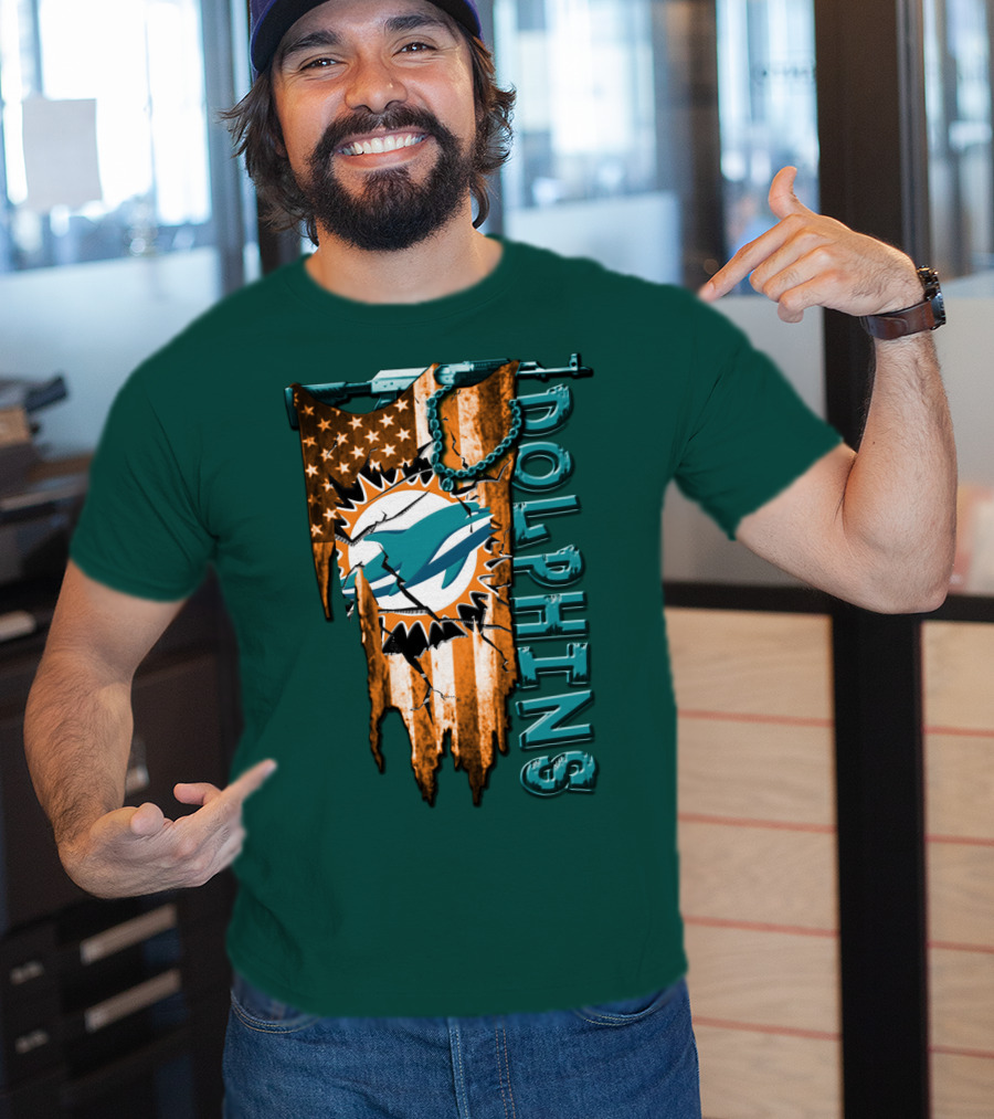 Miami Dolphins Flag And Logo Style With Stars And Stripes T-Shirt