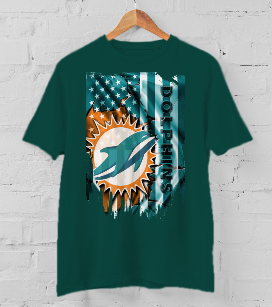 Miami Dolphins American Flag Sunburst Ocean Wave T-Shirt