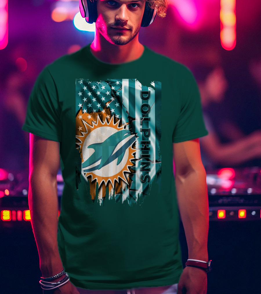 Miami Dolphins American Flag Sunburst Ocean Wave T-Shirt