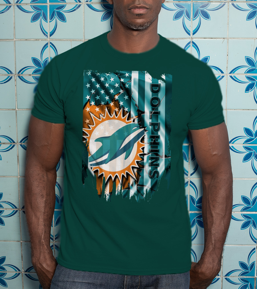 Miami Dolphins American Flag Sunburst Ocean Wave T-Shirt