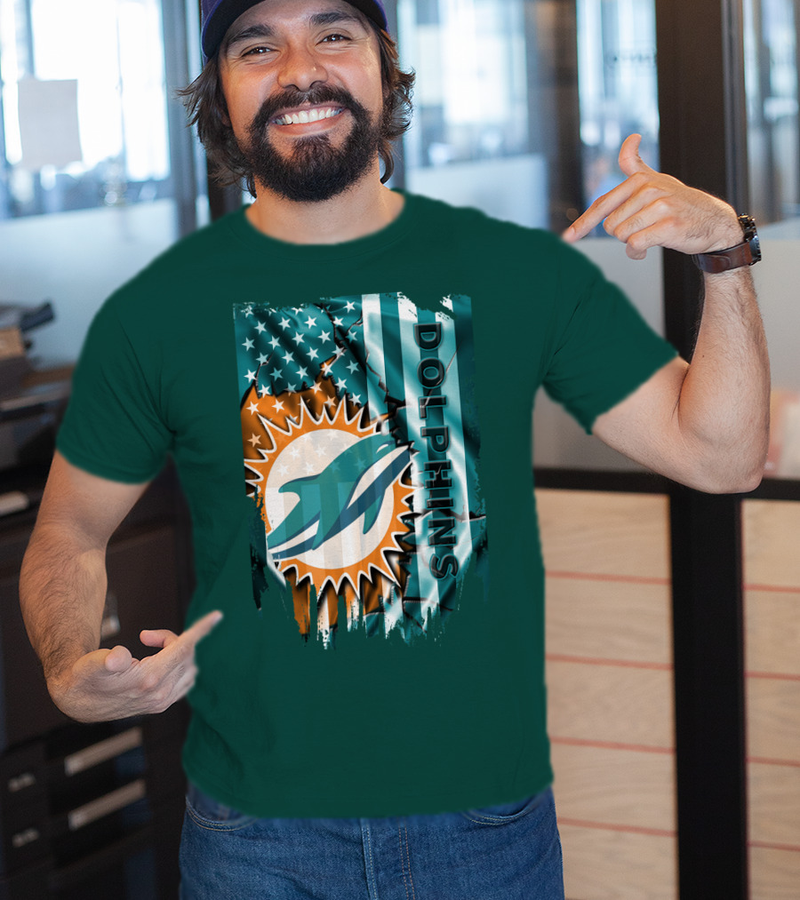 Miami Dolphins American Flag Sunburst Ocean Wave T-Shirt