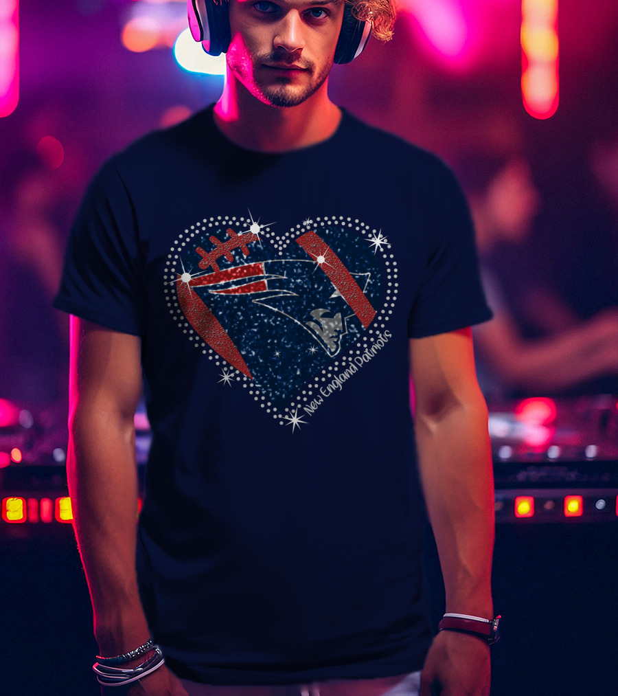 New England Patriots Heart Football Sparkle T-Shirt