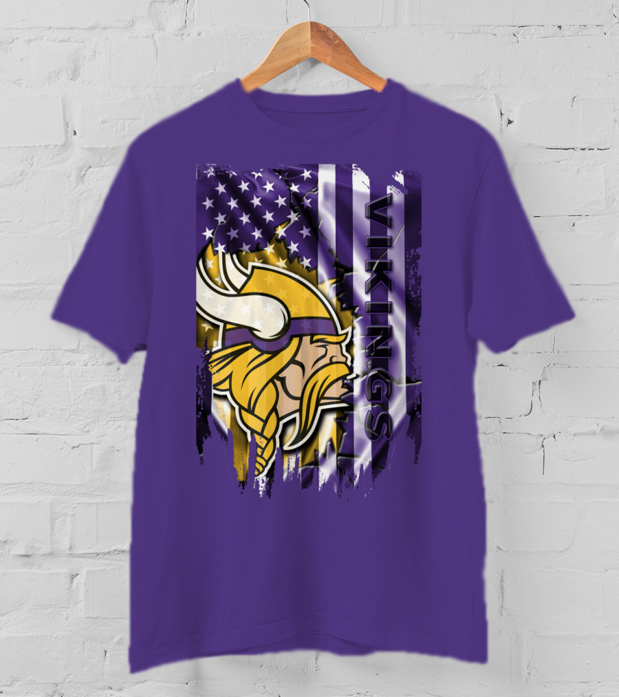 Minnesota Vikings American Flag Stars Stripes Purple Gold Viking Head T-Shirt