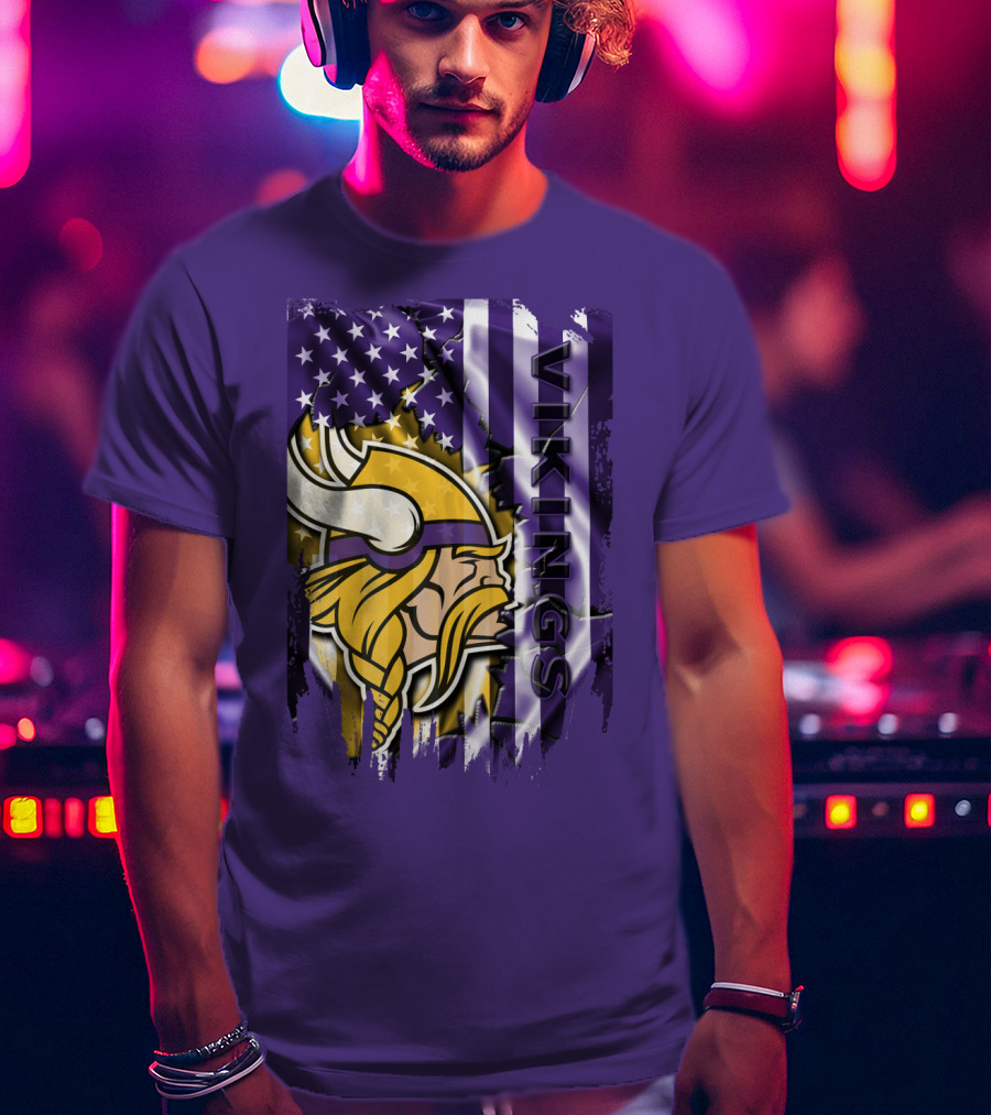 Minnesota Vikings American Flag Stars Stripes Purple Gold Viking Head T-Shirt