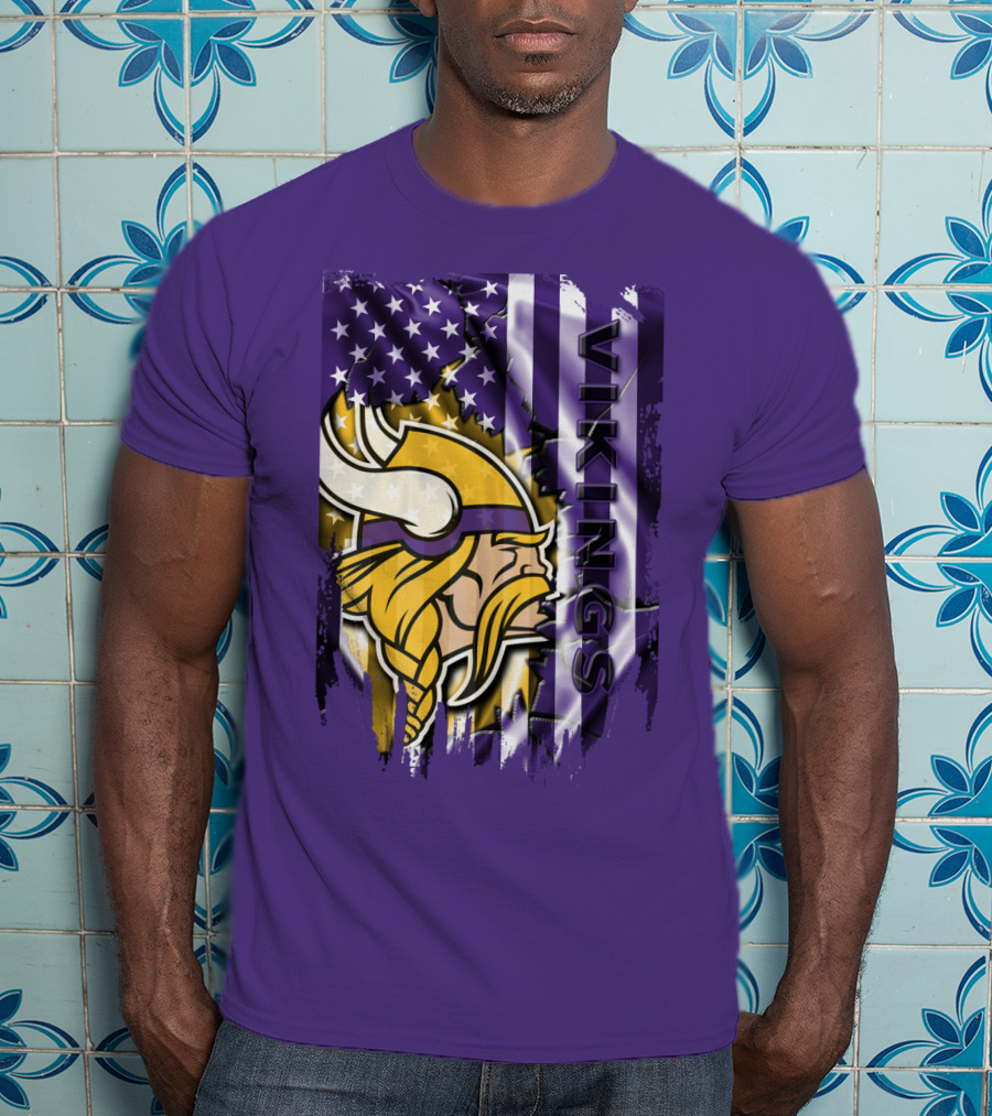 Minnesota Vikings American Flag Stars Stripes Purple Gold Viking Head T-Shirt