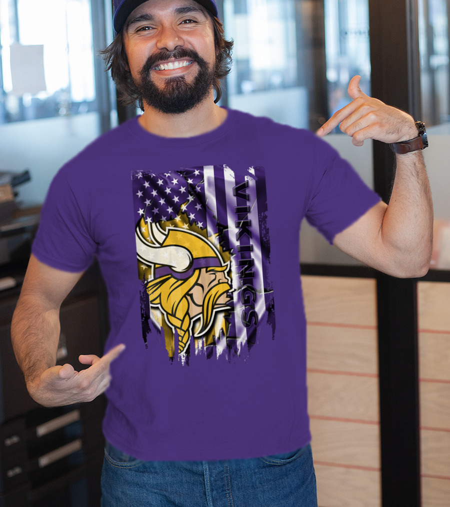 Minnesota Vikings American Flag Stars Stripes Purple Gold Viking Head T-Shirt