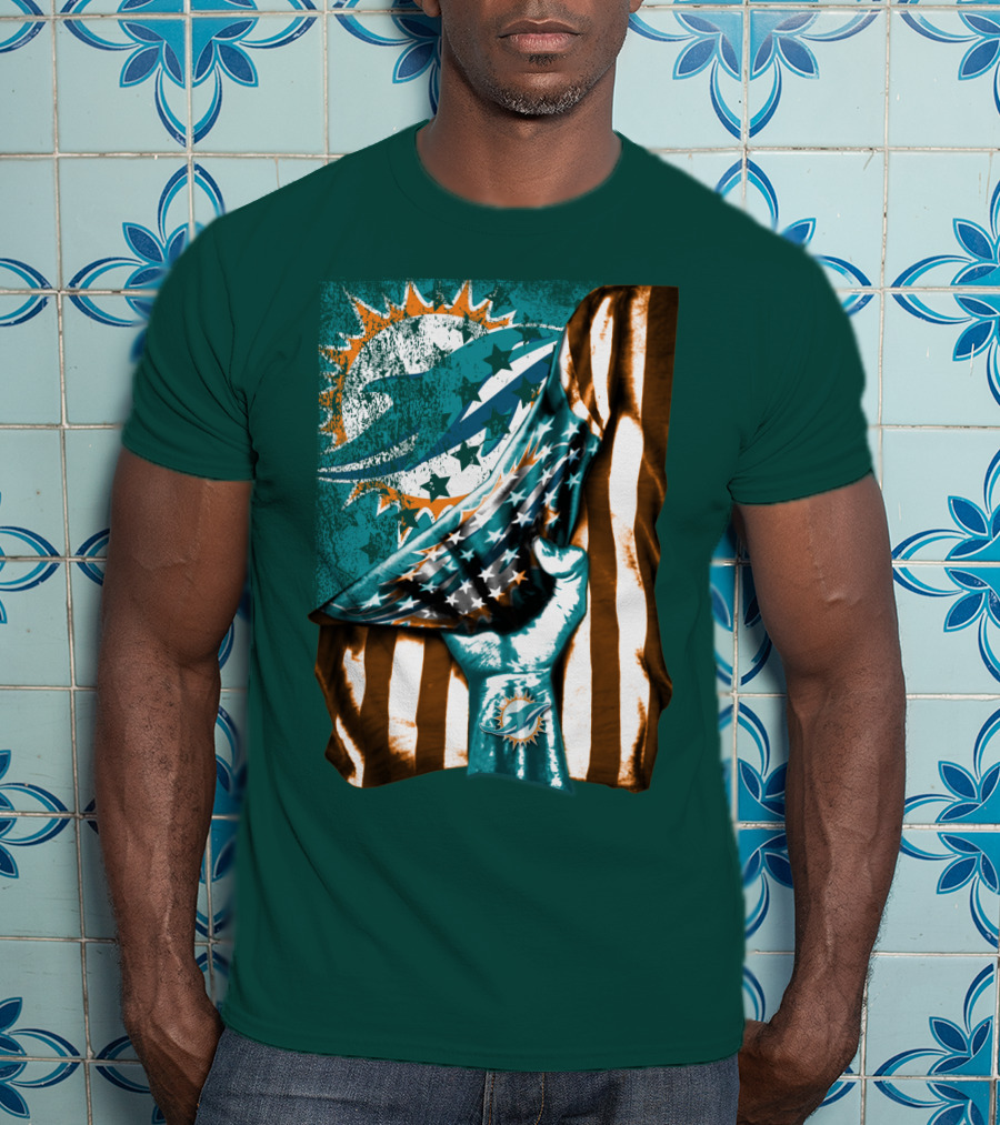 Miami Dolphins American Flag Hand Holding T-Shirt
