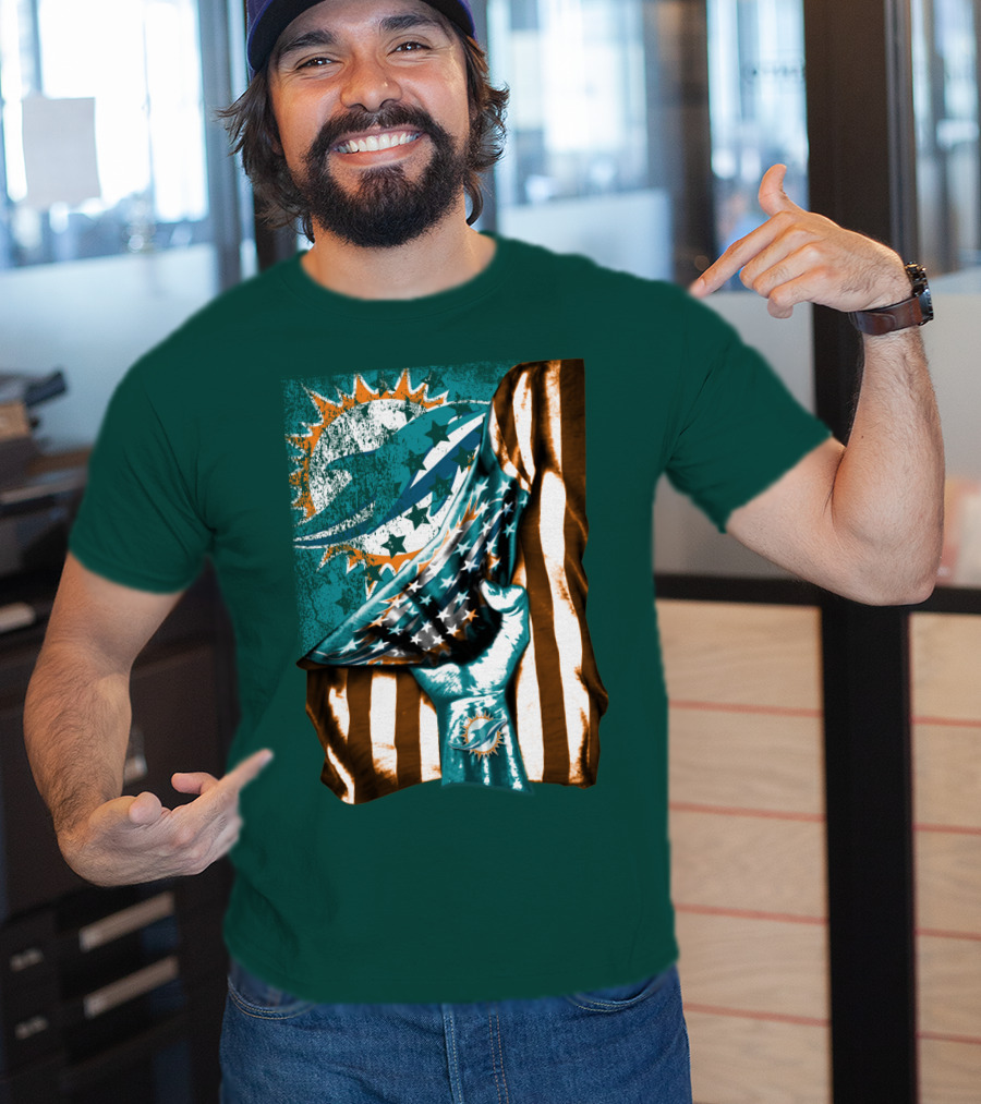 Miami Dolphins American Flag Hand Holding T-Shirt
