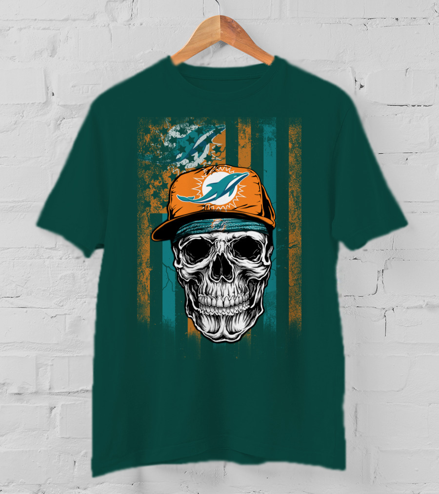 Miami Dolphins Skull With Cap And Logo In Orange And Teal Grunge Style T-Shirt