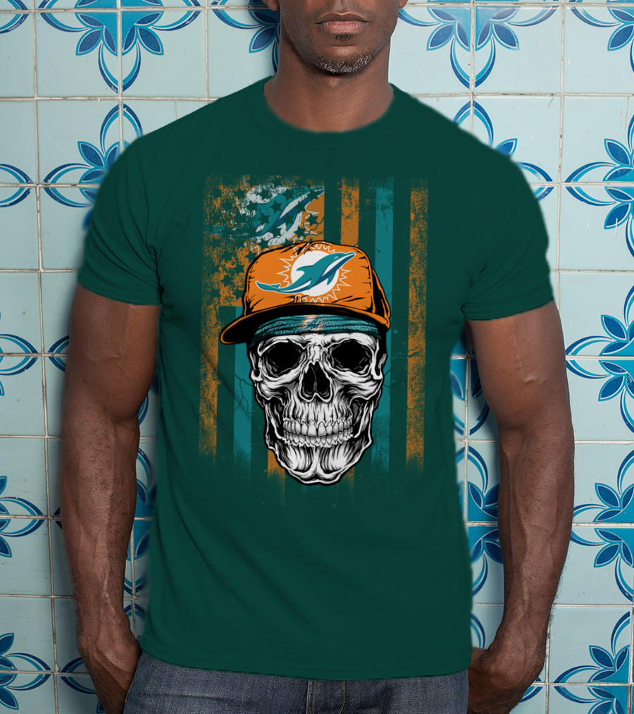 Miami Dolphins Skull With Cap And Logo In Orange And Teal Grunge Style T-Shirt