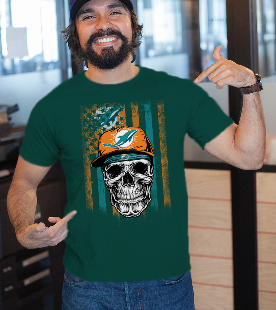Miami Dolphins Skull With Cap And Logo In Orange And Teal Grunge Style T-Shirt