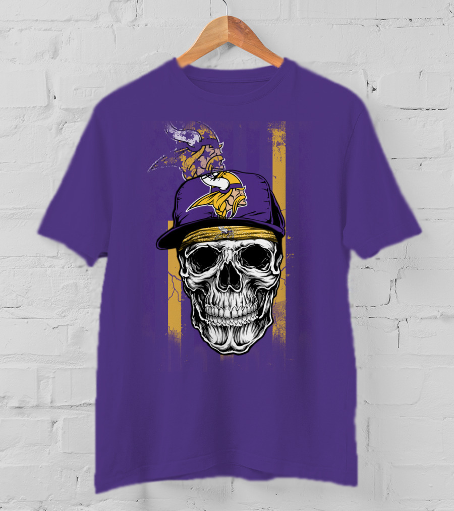 Minnesota Vikings Skull With Cap And Logo On Purple T-Shirt